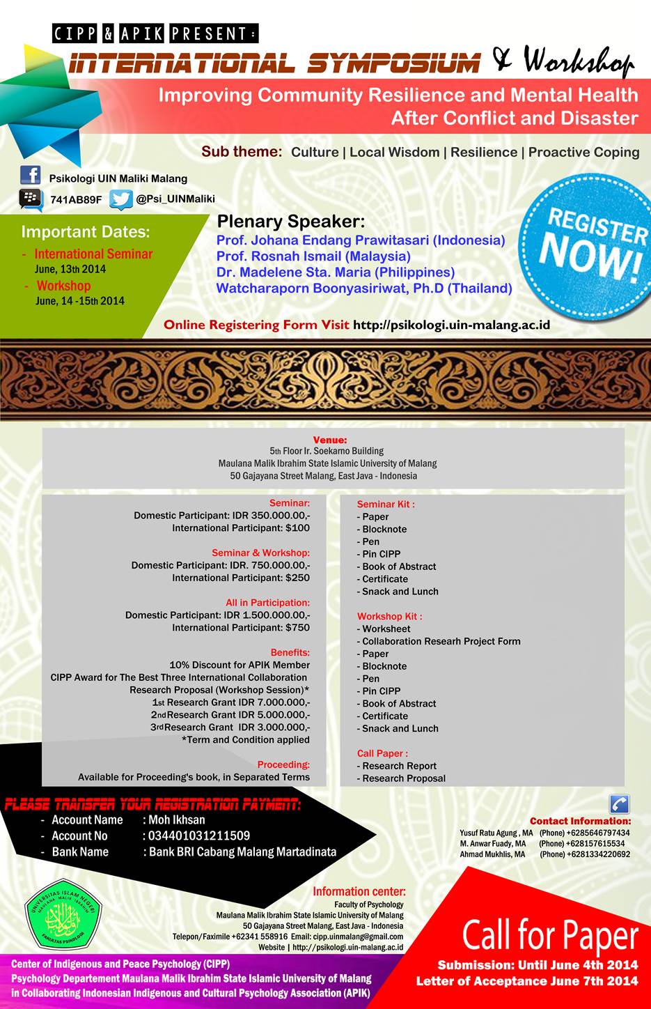 International Symposium & Workshop “Improving Community Resilience and Mental Health After Conflict and Disaster”