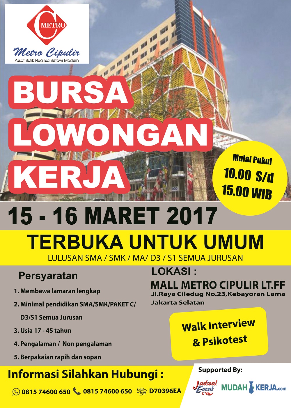 BURSA LOWONGAN KERJA MALL METRO CIPULIR - Maret 2017