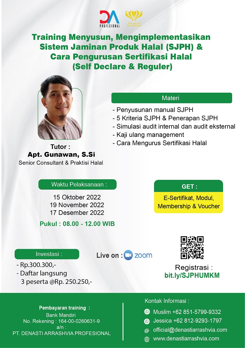 Training Menyusun, Mengimplementasikan Sistem Jaminan Produk Halal (SJPH) & Cara Pengurusan Sertifikasi Halal (Self Declare & Reguler)