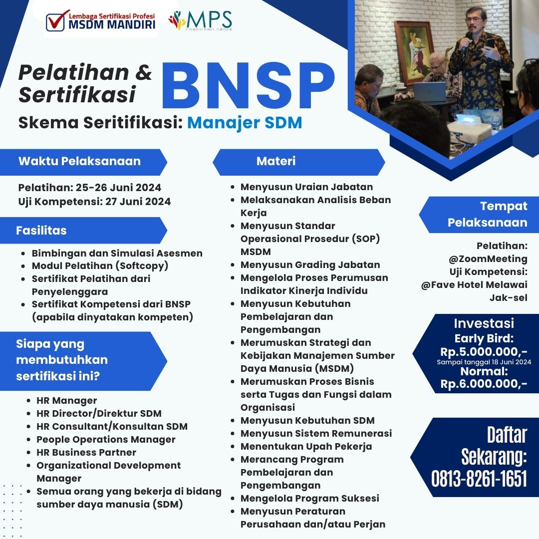 Pelatihan dan Setifikasi BNSP (Skema Sertifikasi: Manajer SDM)